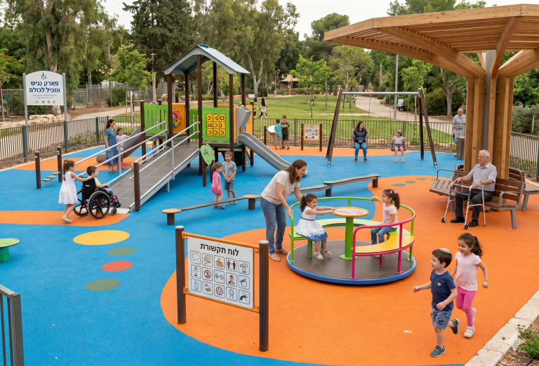 מתחם משחקים ציבורי מונגש הכולל קרוסלה לכיסאות גלגלים, לוח תקשורת ונגישות מלאה לילדים עם מוגבלויות.